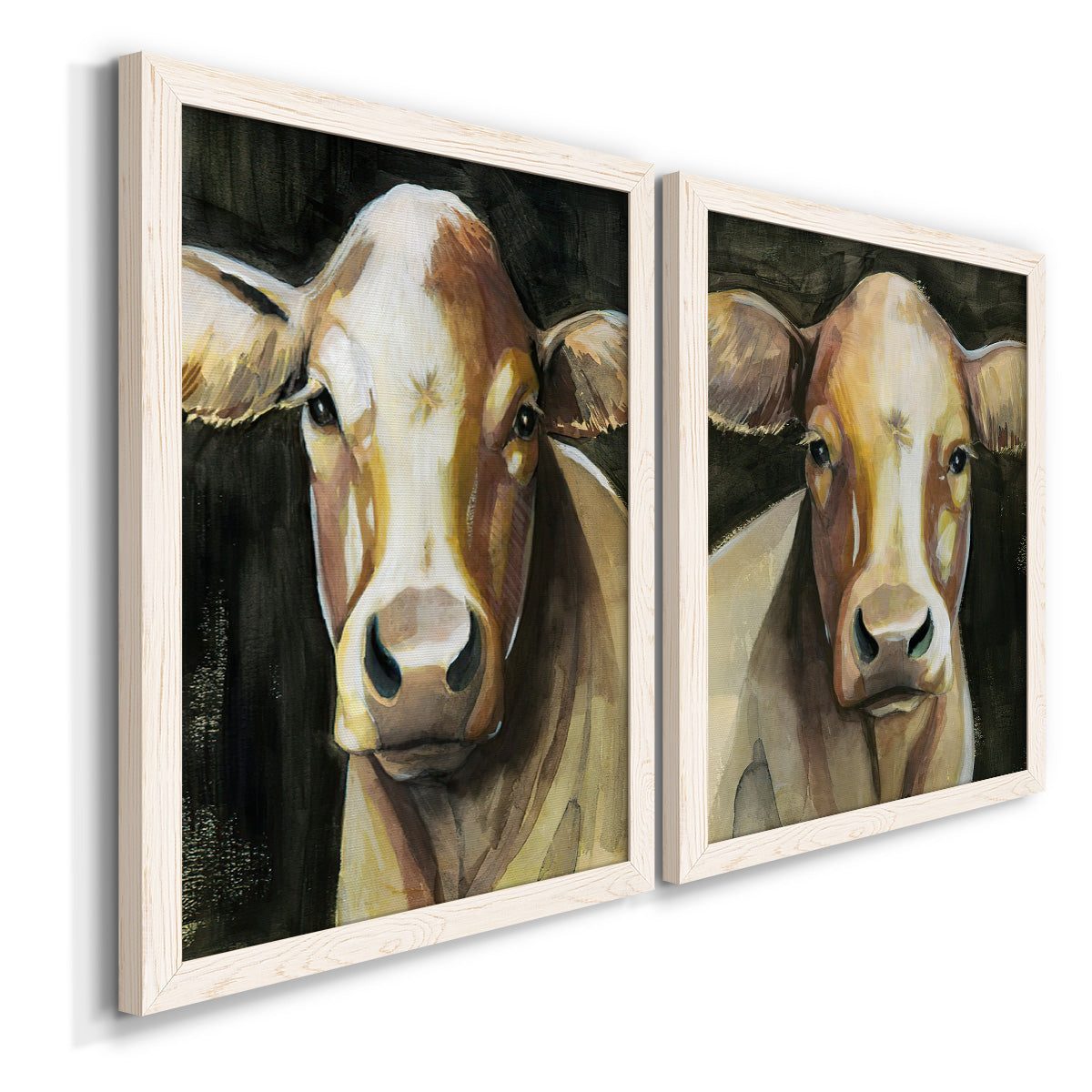 Angled view of a set of two white barnwood framed canvas prints featuring two painterly farm-animal portraits featuring close-up portraits of gentle brown cows.