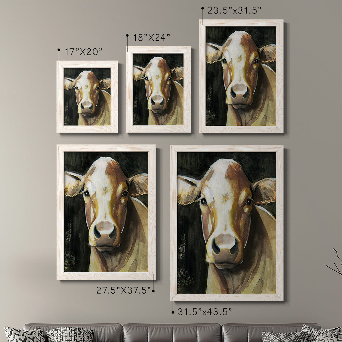 Size comparison chart for a set of two white barnwood framed canvas prints.