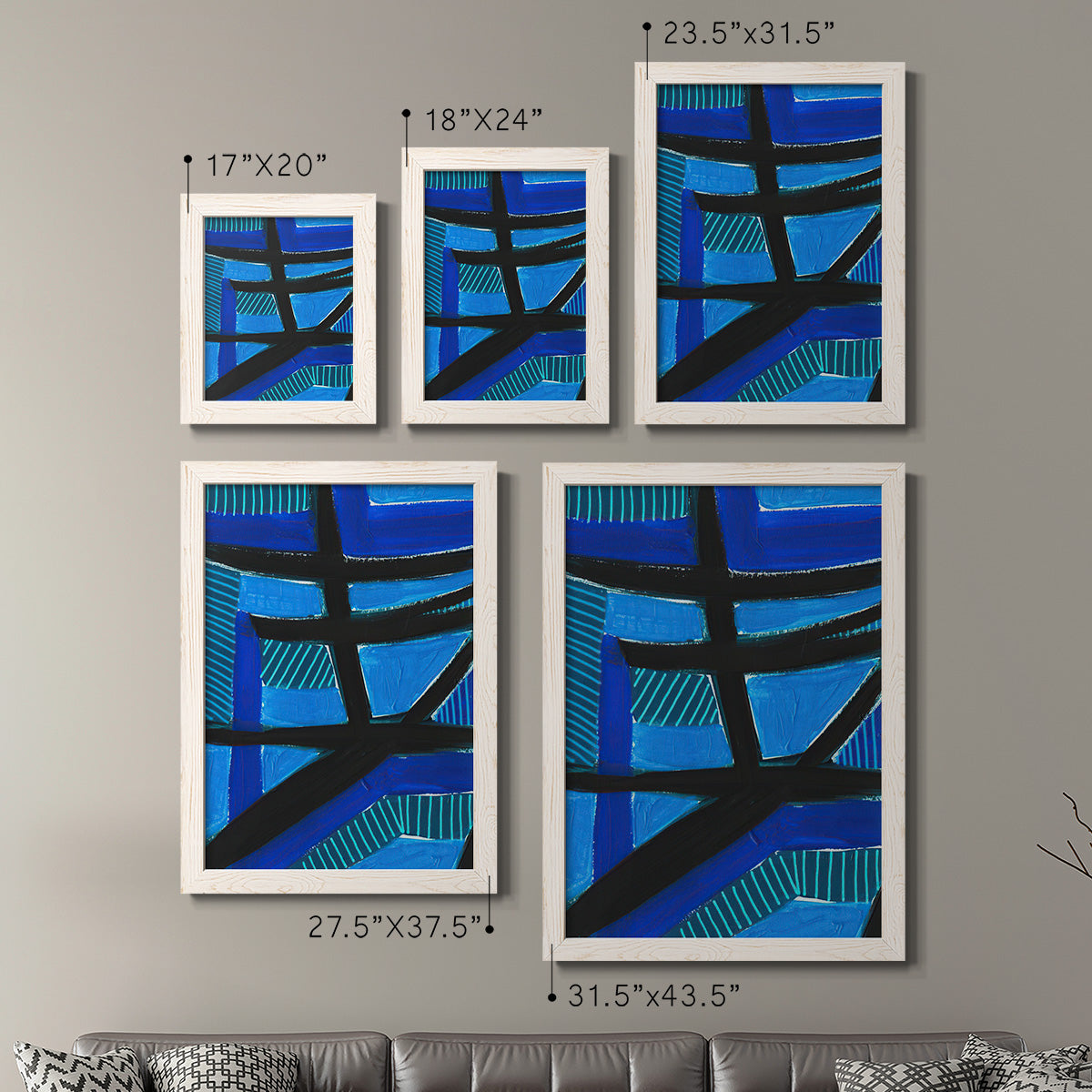 Size comparison chart for a set of two white barnwood framed canvas prints.