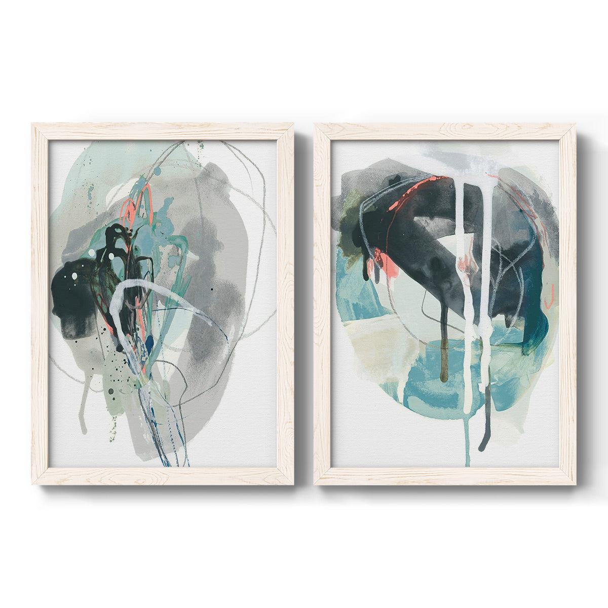 Set of two white barnwood framed canvas prints featuring two bold gestural abstracts featuring large black gray and teal circular gestures.