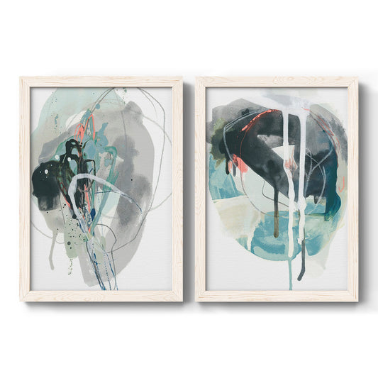 Set of two white barnwood framed canvas prints featuring two bold gestural abstracts featuring large black gray and teal circular gestures.