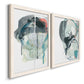 Angled view of a set of two white barnwood framed canvas prints featuring two bold gestural abstracts featuring large black gray and teal circular gestures.