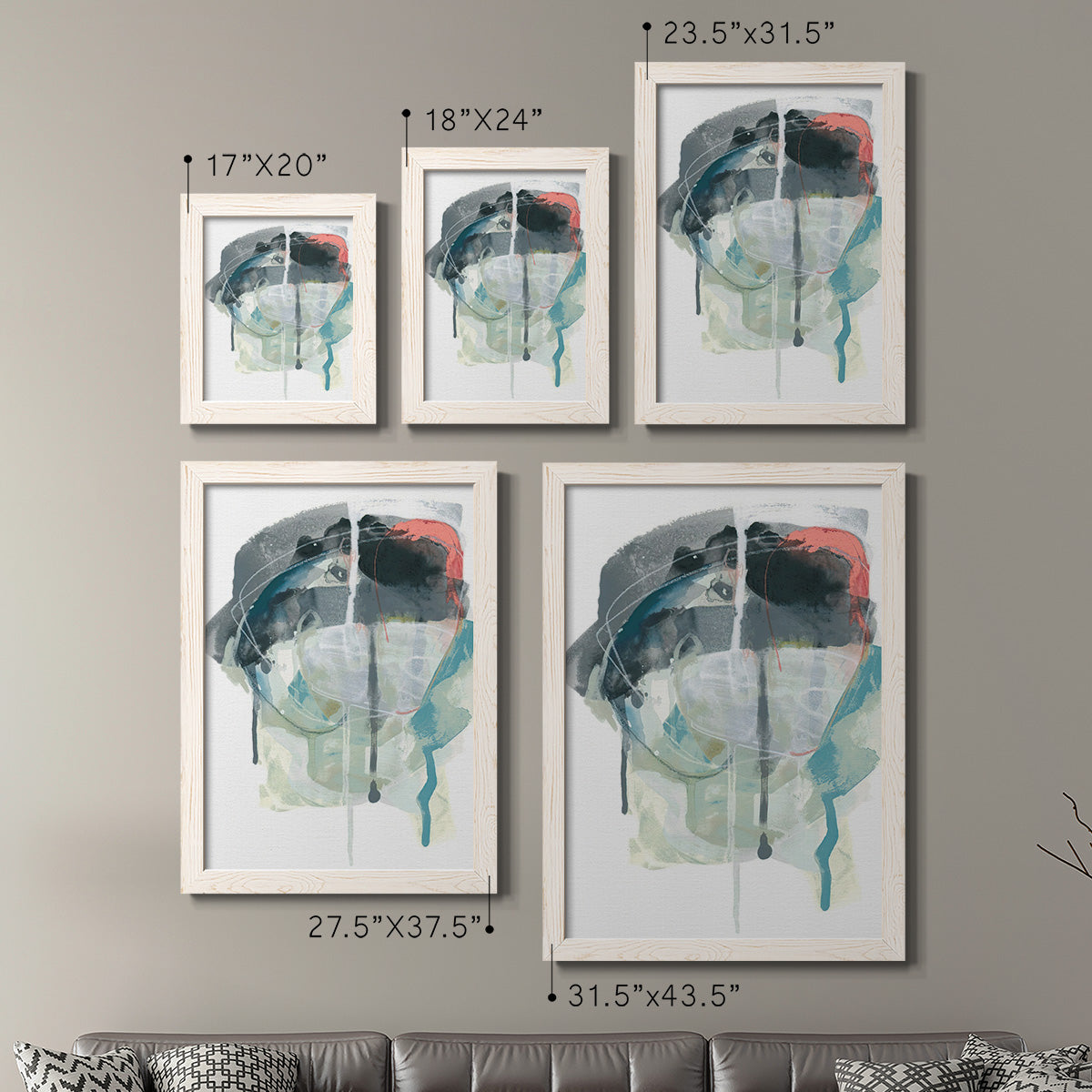 Size comparison chart for a set of two white barnwood framed canvas prints.