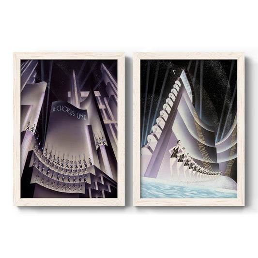 Set of two white barnwood framed canvas prints featuring two vintage architectural illustrations featuring dramatic Art Deco city and theater scenes.