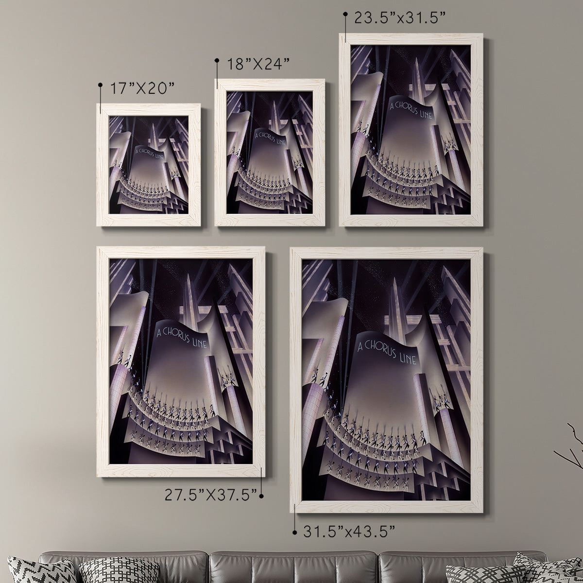 Size comparison chart for a set of two white barnwood framed canvas prints.