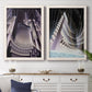 Set of two white barnwood framed canvas prints depicting a coordinated art pair of dramatic Art Deco city and theater scenes rendered as vintage architectural illustrations above a dining room sideboard.