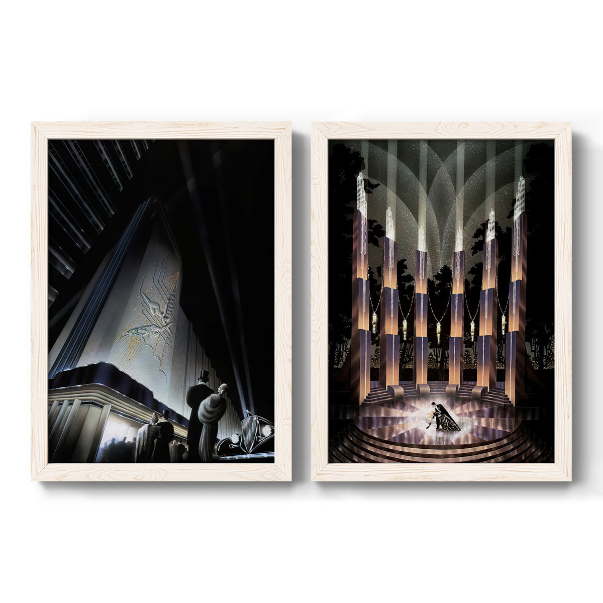 Set of two white barnwood framed canvas prints featuring two vintage architectural illustrations featuring dramatic Art Deco city and theater scenes.