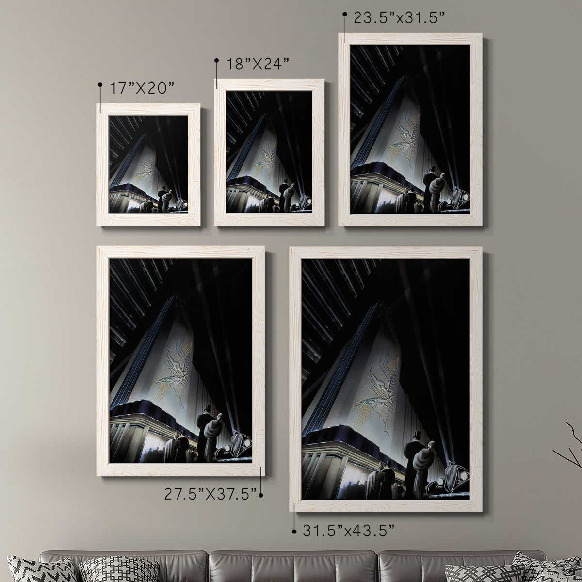Size comparison chart for a set of two white barnwood framed canvas prints.