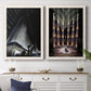 Set of two white barnwood framed canvas prints depicting a coordinated art pair of dramatic Art Deco city and theater scenes rendered as vintage architectural illustrations above a dining room sideboard.