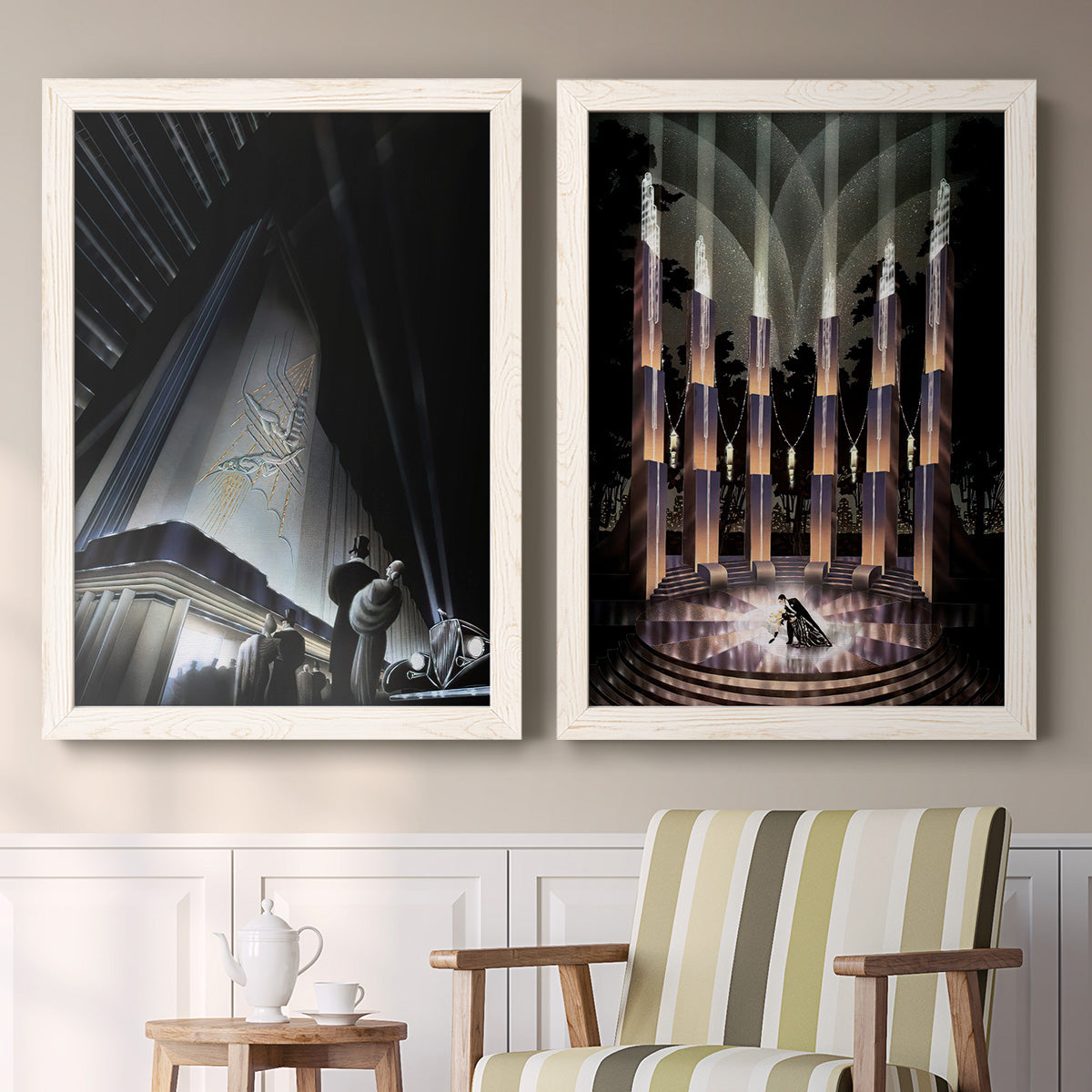 Set of two white barnwood framed canvas prints depicting two vintage architectural illustrations featuring dramatic Art Deco city and theater scenes above a sideboard in a cozy sitting room.
