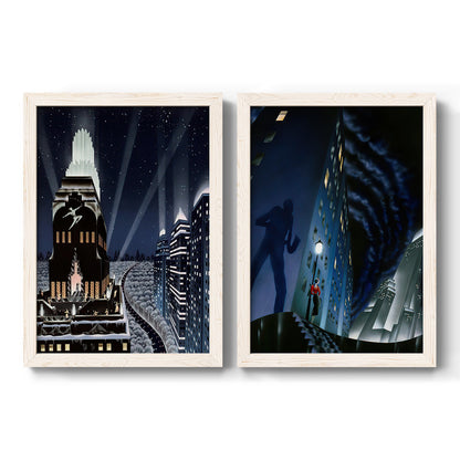 Set of two white barnwood framed canvas prints featuring two dramatic art deco city scenes with illuminated skyscrapers nighttime skies and elegant figures.