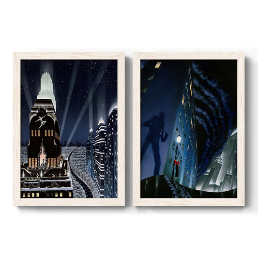 Set of two white barnwood framed canvas prints featuring two dramatic art deco city scenes with illuminated skyscrapers nighttime skies and elegant figures.