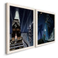 Angled view of a set of two white barnwood framed canvas prints featuring two dramatic art deco city scenes with illuminated skyscrapers nighttime skies and elegant figures.