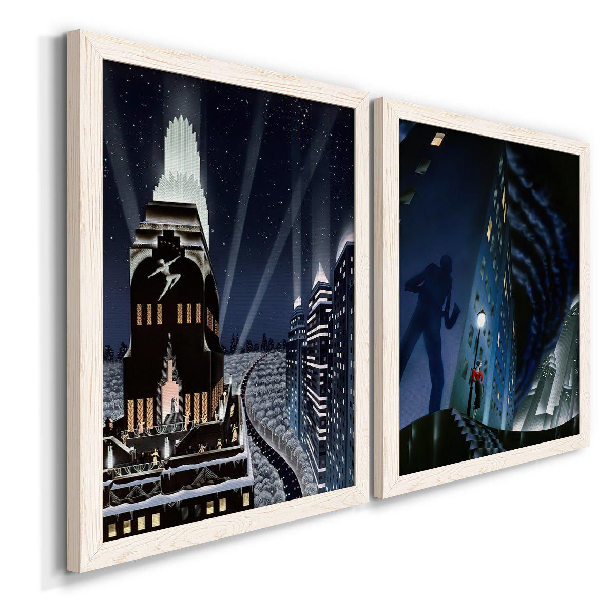 Angled view of a set of two white barnwood framed canvas prints featuring two dramatic art deco city scenes with illuminated skyscrapers nighttime skies and elegant figures.