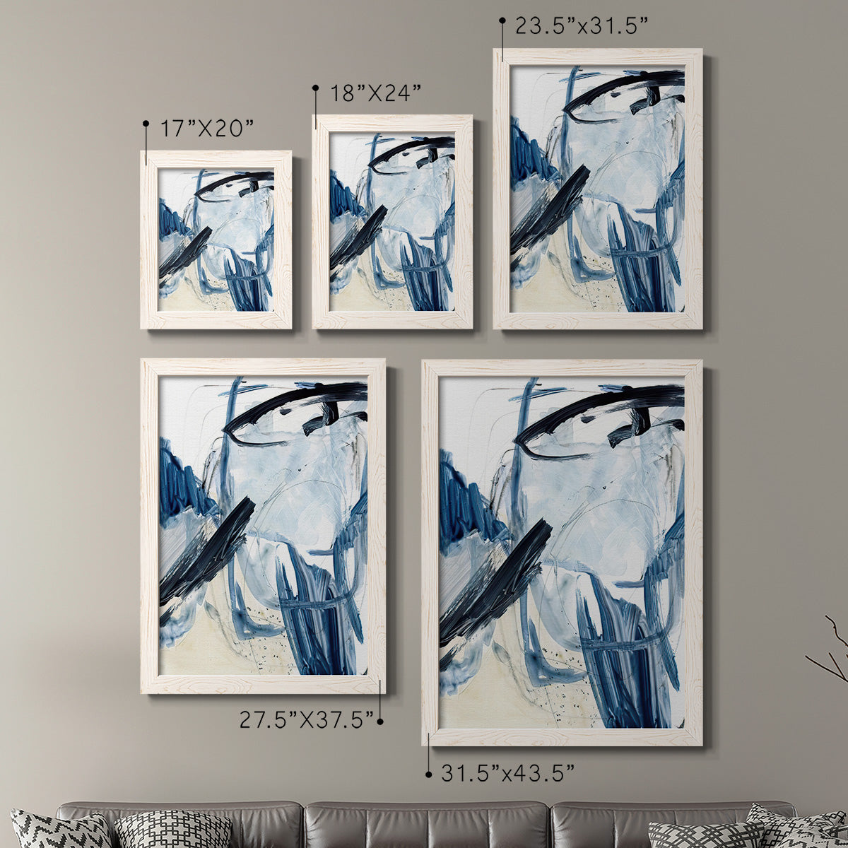 Size comparison chart for a set of two white barnwood framed canvas prints.