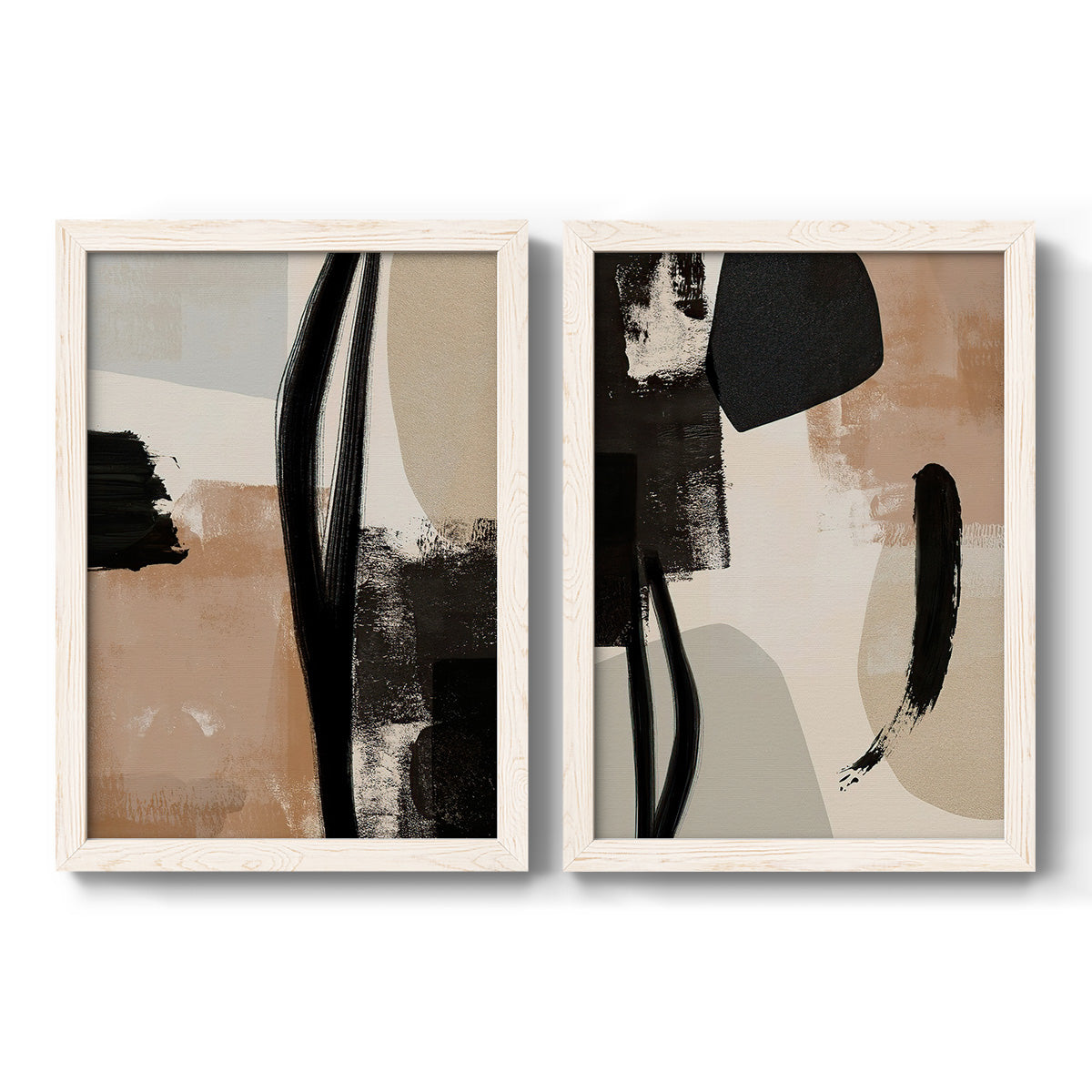 Set of two white barnwood framed canvas prints featuring two minimalist collage-like abstracts featuring black taupe cream and beige painted forms.