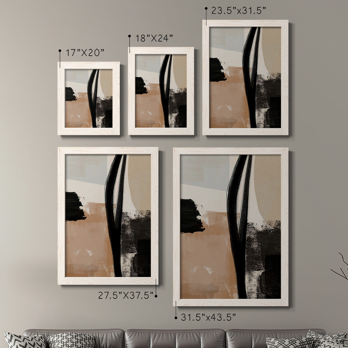 Size comparison chart for a set of two white barnwood framed canvas prints.