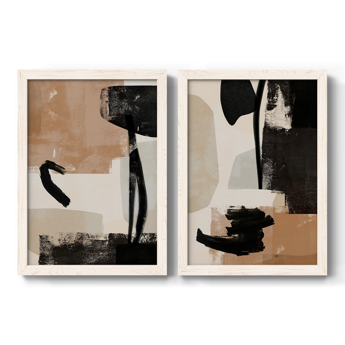 Set of two white barnwood framed canvas prints featuring two minimalist collage-like abstracts featuring black taupe cream and beige painted forms.