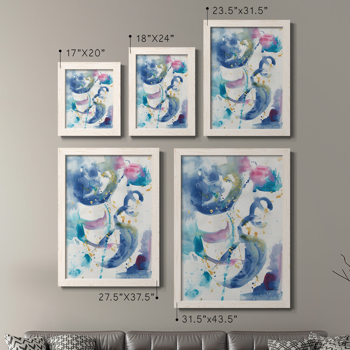 Size comparison chart for a set of two white barnwood framed canvas prints.