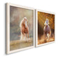 Angled view of a set of two white barnwood framed canvas prints featuring two dramatic equestrian photography featuring horses running through misty autumn light.