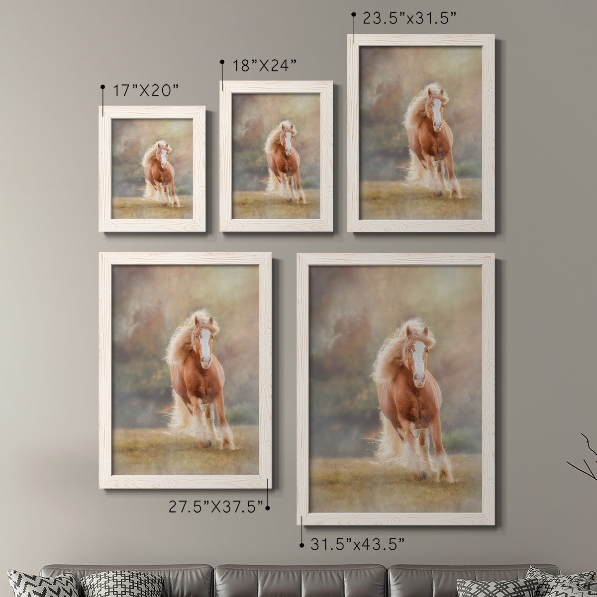 Size comparison chart for a set of two white barnwood framed canvas prints.