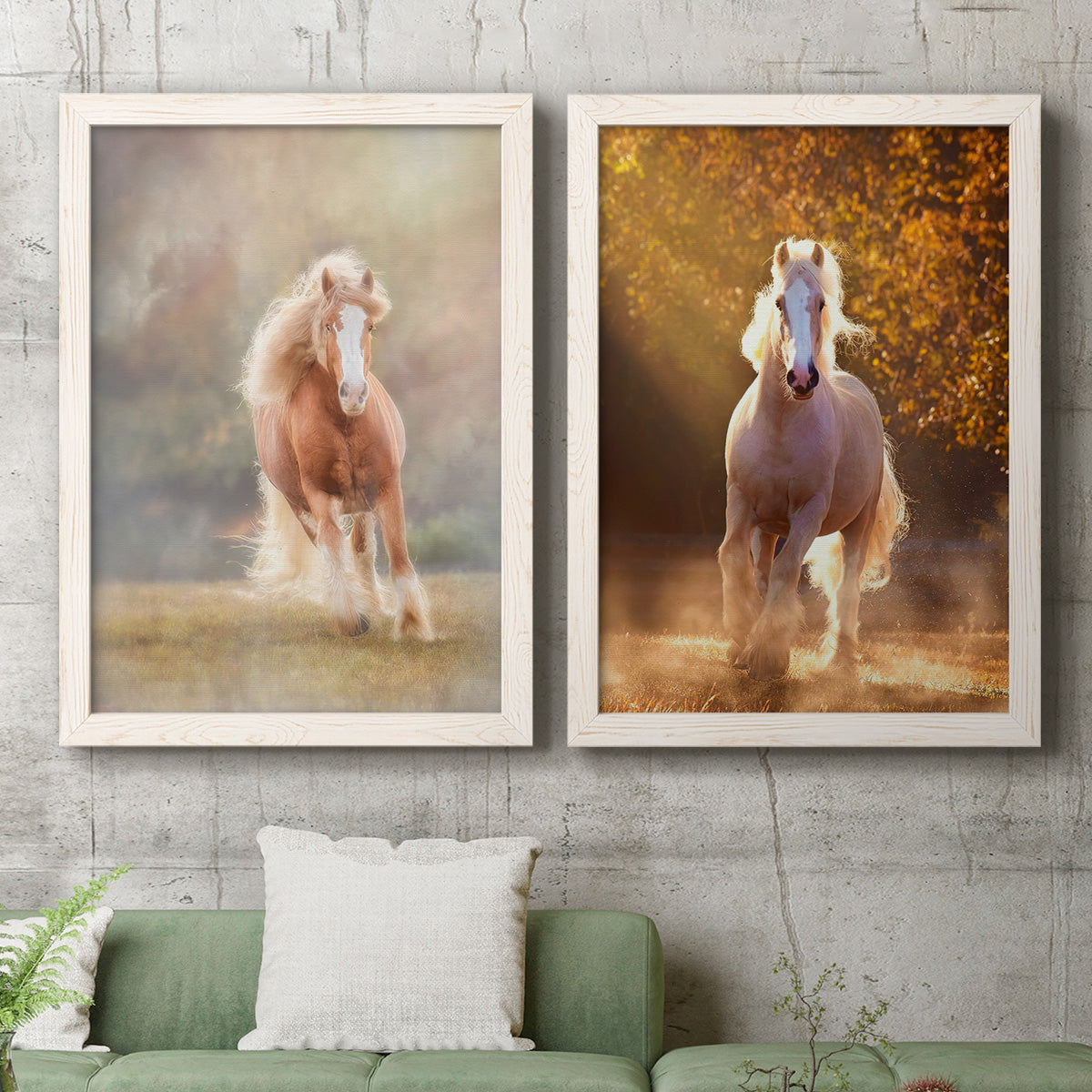 Set of two white barnwood framed canvas prints depicting a coordinated art pair of horses running through misty autumn light rendered as dramatic equestrian photography above a sofa in a modern living room.