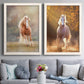 Set of two white barnwood framed canvas prints depicting paired dramatic equestrian photography with chestnut and white horses, dust, golden trees, and softly blurred backgrounds above a sofa in a contemporary living room.