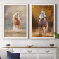 Set of two white barnwood framed canvas prints depicting a coordinated art pair of horses running through misty autumn light rendered as dramatic equestrian photography above a dining room sideboard.