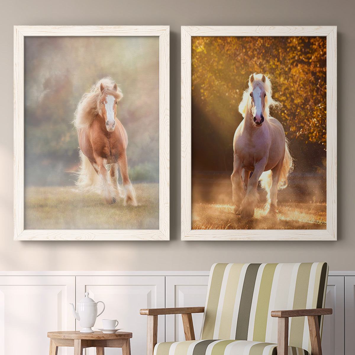 Set of two white barnwood framed canvas prints depicting two dramatic equestrian photography featuring horses running through misty autumn light above a sideboard in a cozy sitting room.