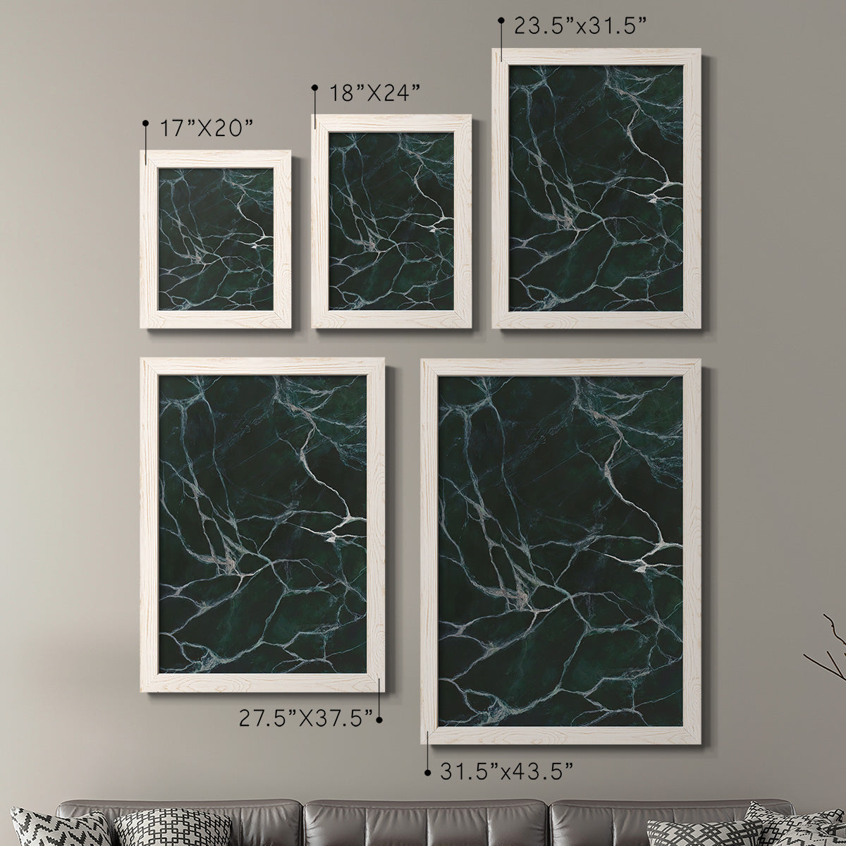 Size comparison chart for a set of two white barnwood framed canvas prints.