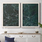 Set of two white barnwood framed canvas prints depicting a coordinated art pair of dark green marble veining rendered as dramatic stone-inspired abstracts above a dining room sideboard.