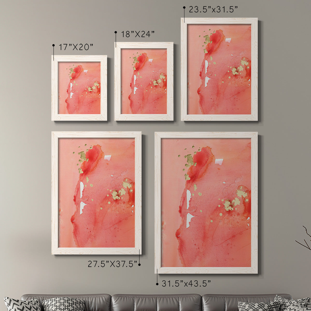 Size comparison chart for a set of two white barnwood framed canvas prints.