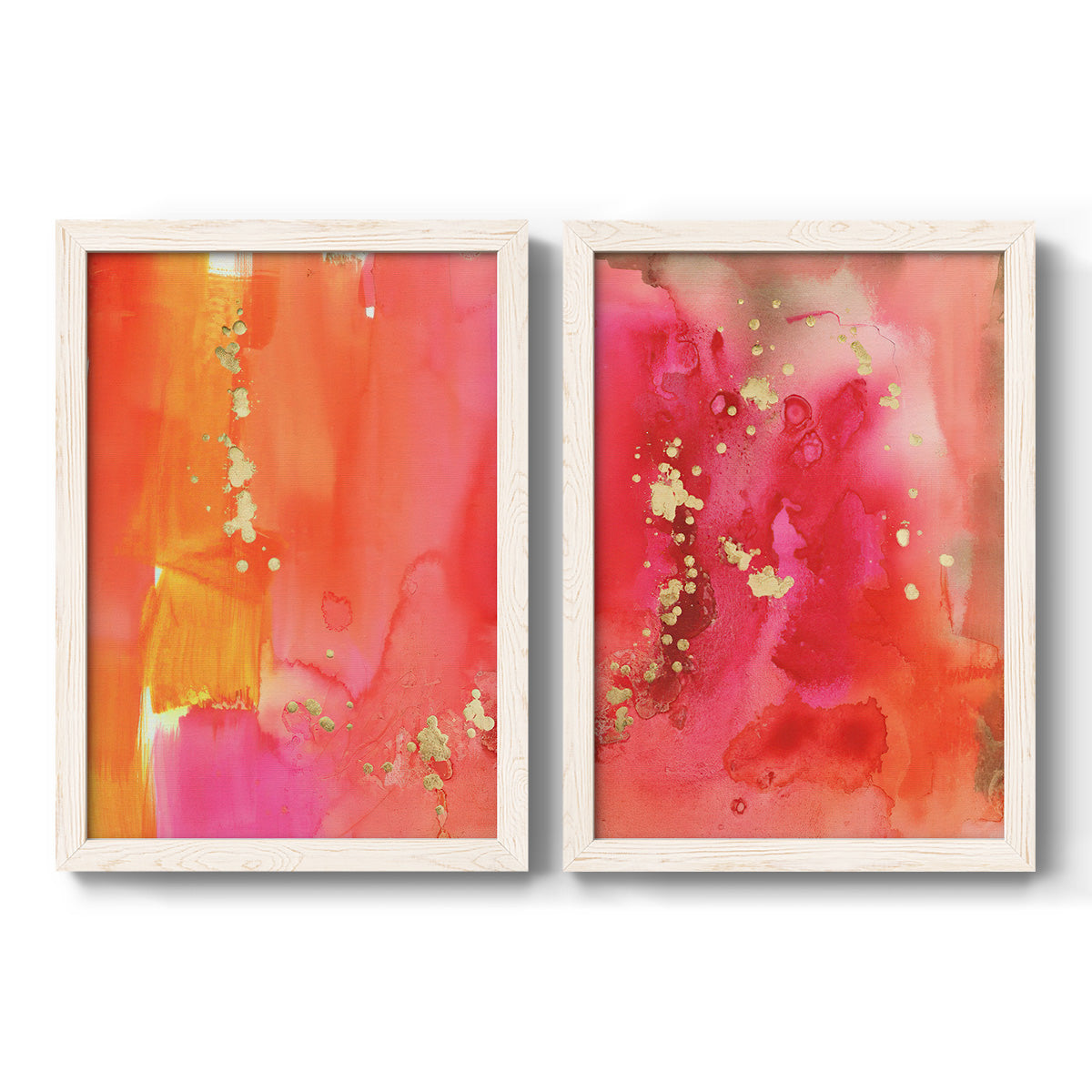 Set of two white barnwood framed canvas prints featuring two glamorous fluid abstracts featuring luminous coral orange and pink color fields with gold flecks.
