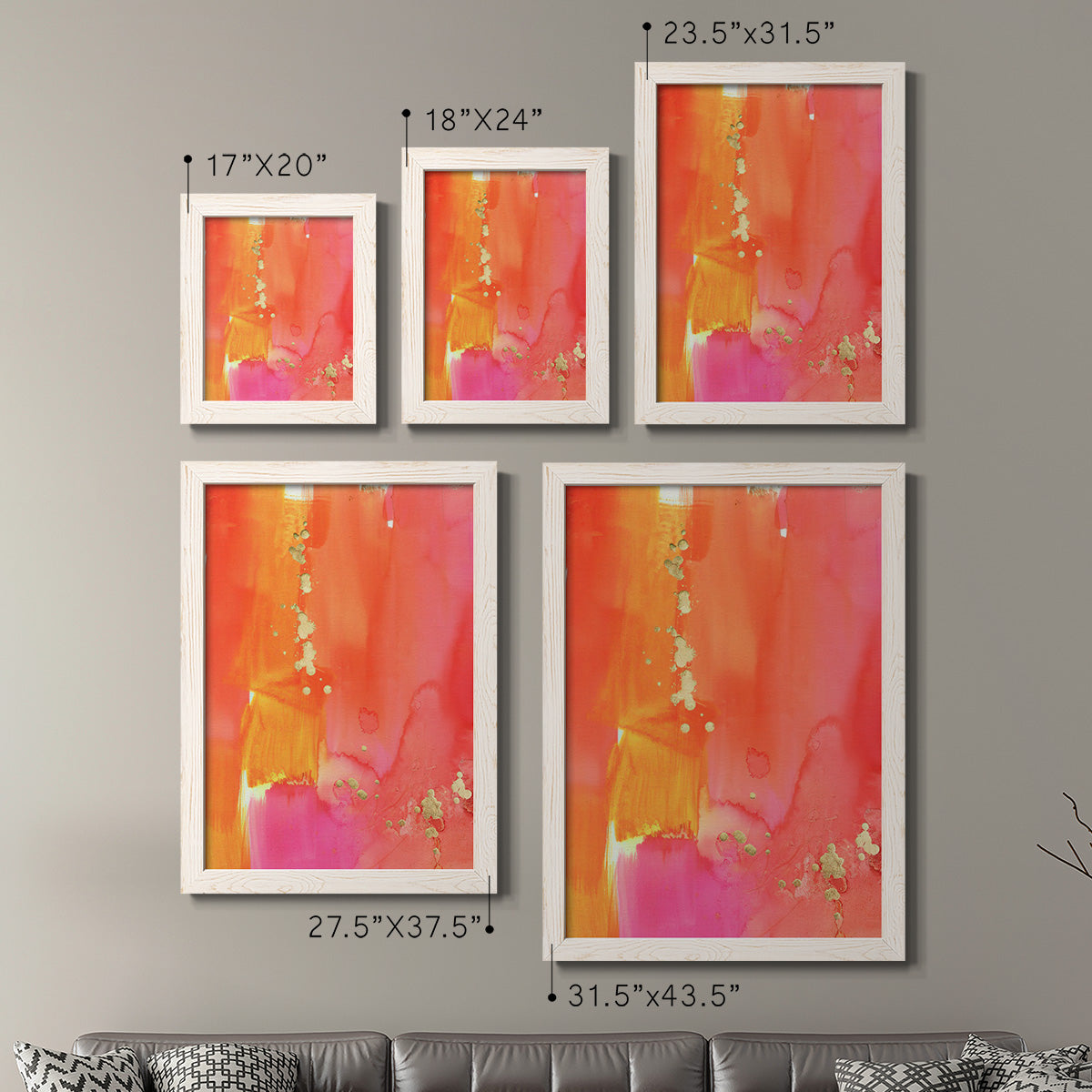 Size comparison chart for a set of two white barnwood framed canvas prints.