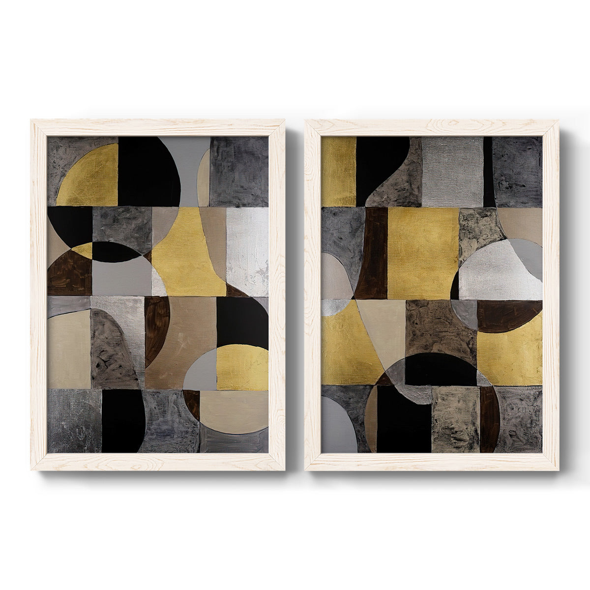 Set of two white barnwood framed canvas prints featuring two structured modern abstracts featuring interlocking black gray cream and gold geometric sections.