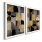 Angled view of a set of two white barnwood framed canvas prints featuring two structured modern abstracts featuring interlocking black gray cream and gold geometric sections.