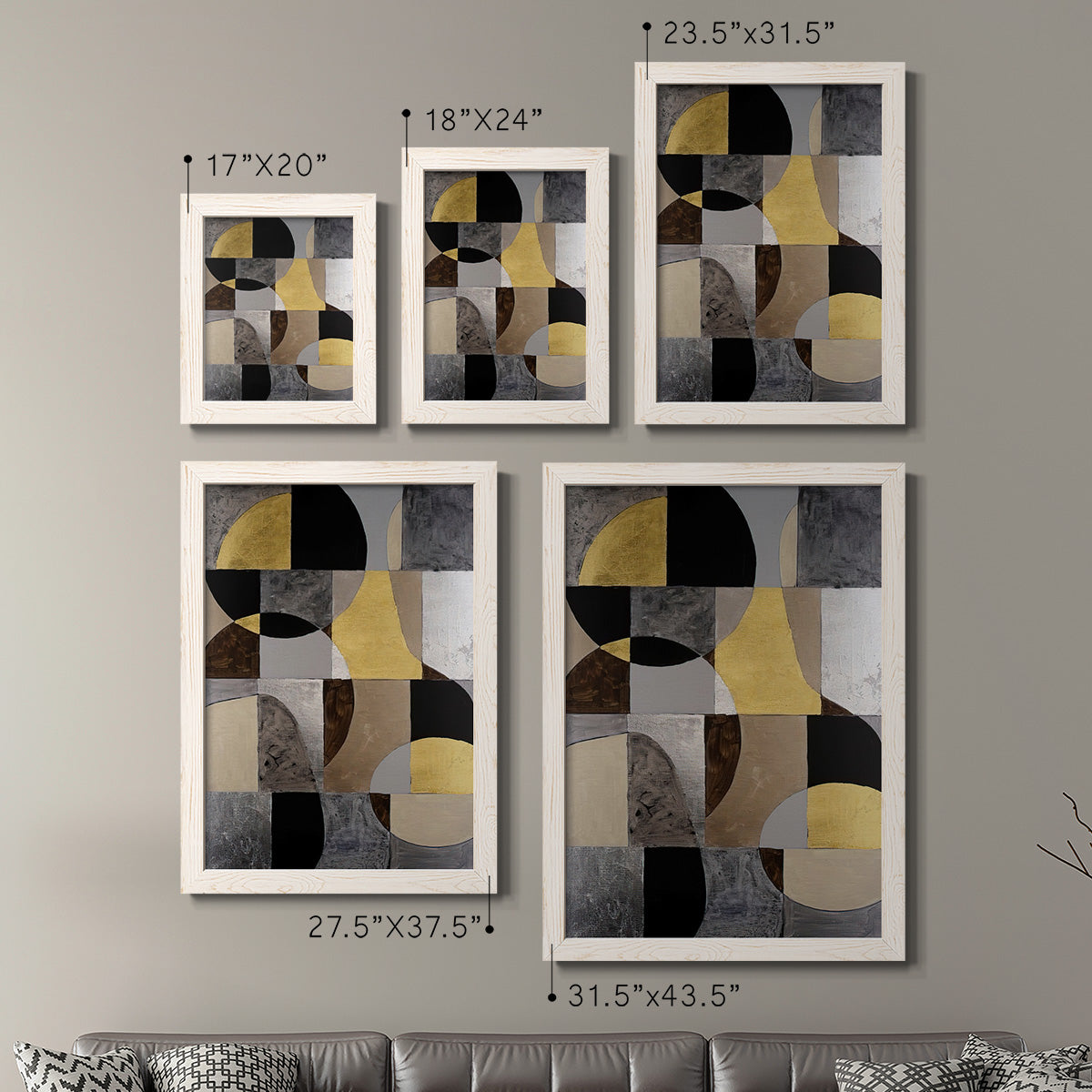 Size comparison chart for a set of two white barnwood framed canvas prints.