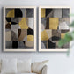 Set of two white barnwood framed canvas prints depicting semicircles, rectangles, textured panels, and metallic-looking accents arranged across two complementary compositions above a sofa in a bright living space.
