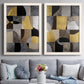 Set of two white barnwood framed canvas prints depicting paired structured modern abstracts with semicircles, rectangles, textured panels, and metallic-looking accents above a sofa in a contemporary living room.