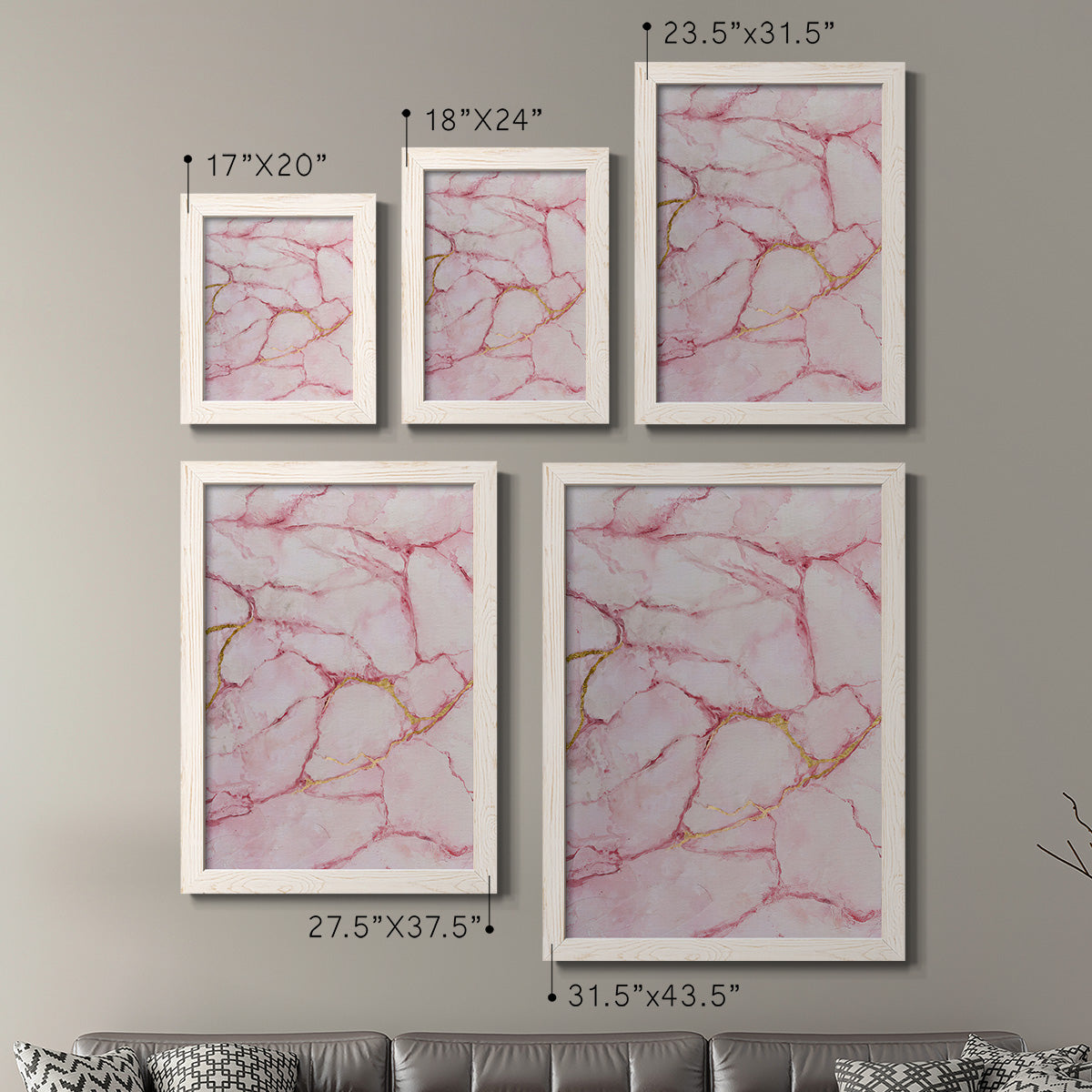 Size comparison chart for a set of two white barnwood framed canvas prints.
