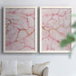 Set of two white barnwood framed canvas prints depicting blush mineral clouds, branching veins, and luminous pale grounds arranged across two complementary compositions above a sofa in a bright living space.