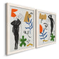 Angled view of a set of two white barnwood framed canvas prints featuring two graphic figurative collages of women with bold botanical shapes stars and abstract symbols.