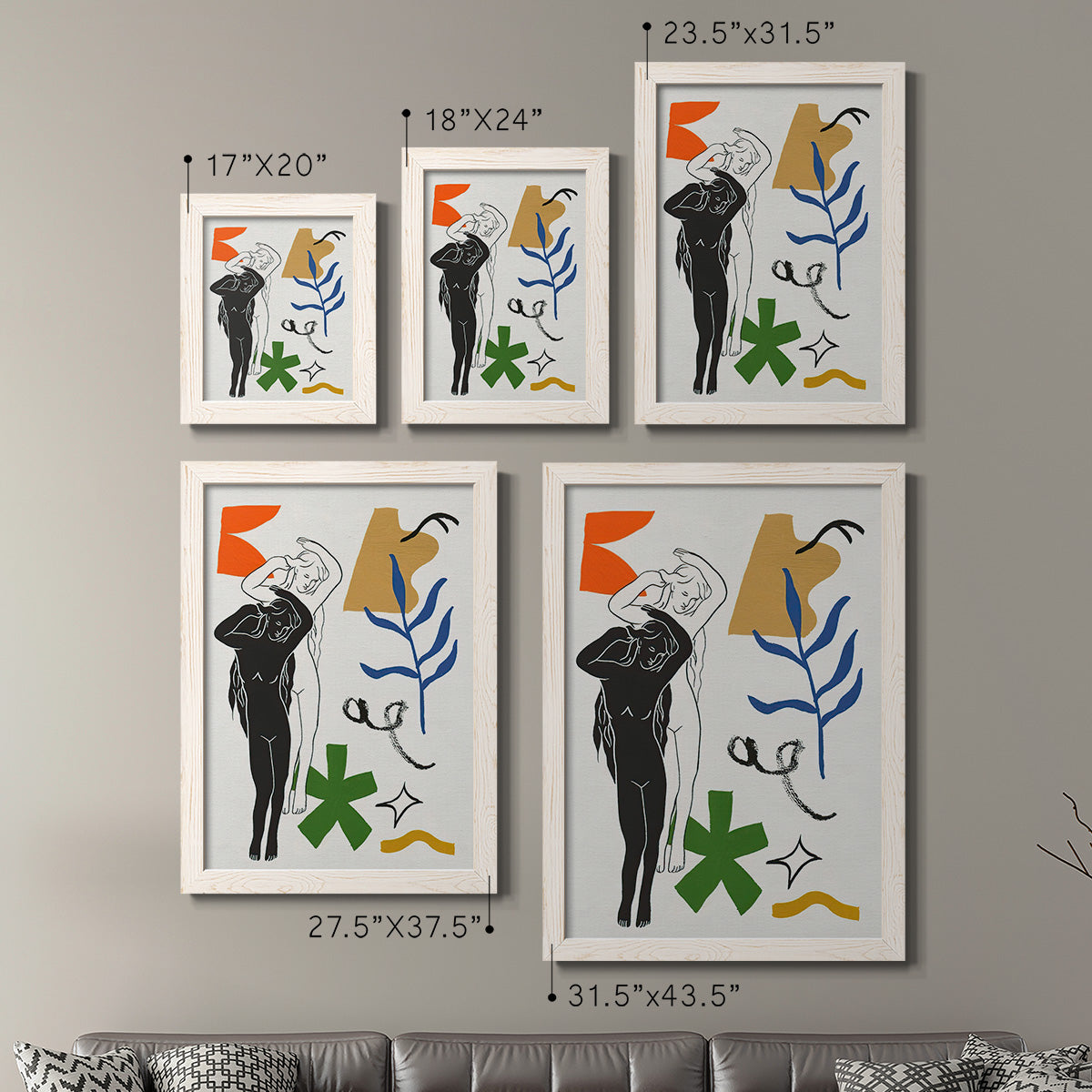 Size comparison chart for a set of two white barnwood framed canvas prints.