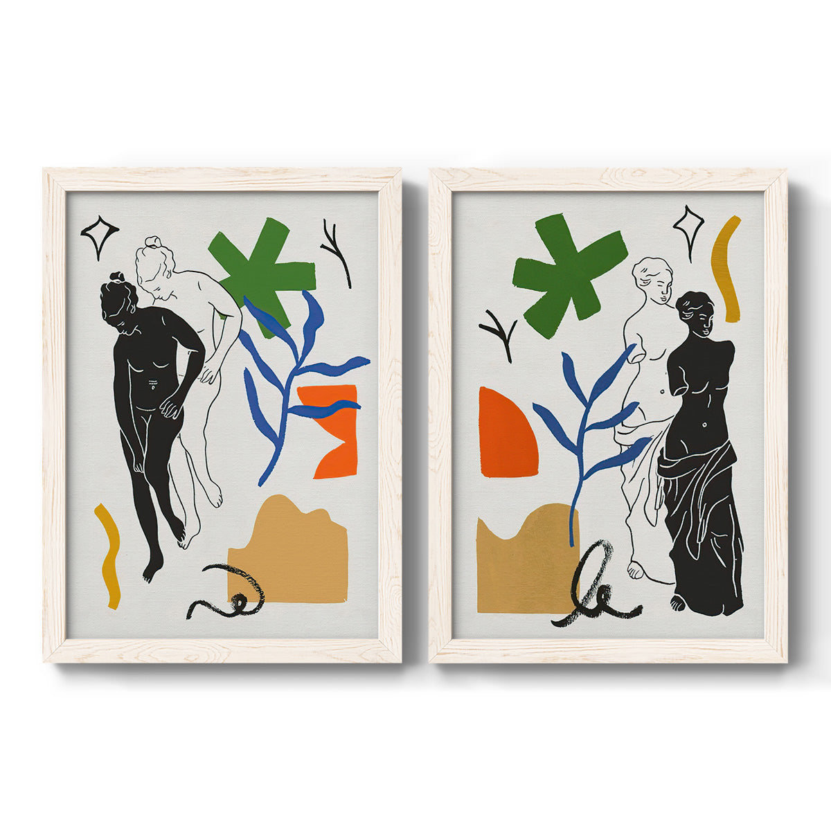 Set of two white barnwood framed canvas prints featuring two graphic figurative collages featuring stylized female figures surrounded by botanical and geometric symbols.