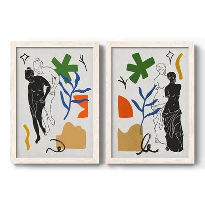 Set of two white barnwood framed canvas prints featuring two graphic figurative collages featuring stylized female figures surrounded by botanical and geometric symbols.