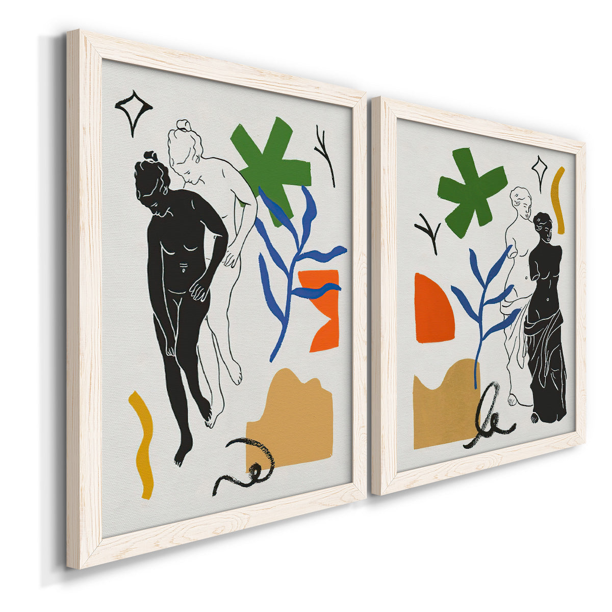 Angled view of a set of two white barnwood framed canvas prints featuring two graphic figurative collages featuring stylized female figures surrounded by botanical and geometric symbols.