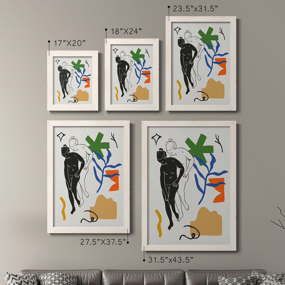 Size comparison chart for a set of two white barnwood framed canvas prints.