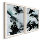 Angled view of a set of two white barnwood framed canvas prints featuring two gestural ocean-inspired abstracts featuring sweeping black brushstrokes over pale blue-gray fields.
