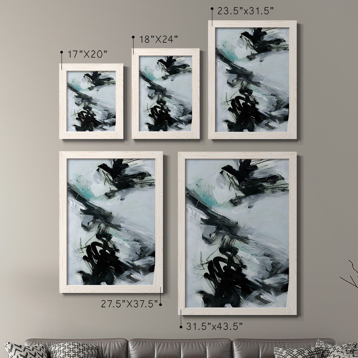Size comparison chart for a set of two white barnwood framed canvas prints.
