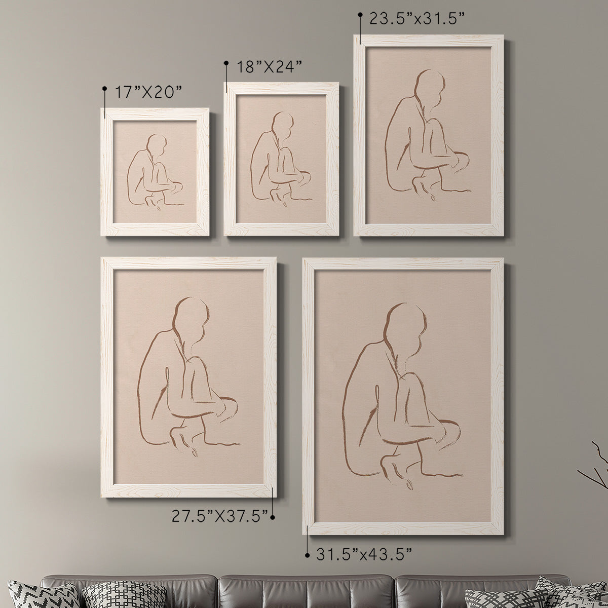 Size comparison chart for a set of two white barnwood framed canvas prints.